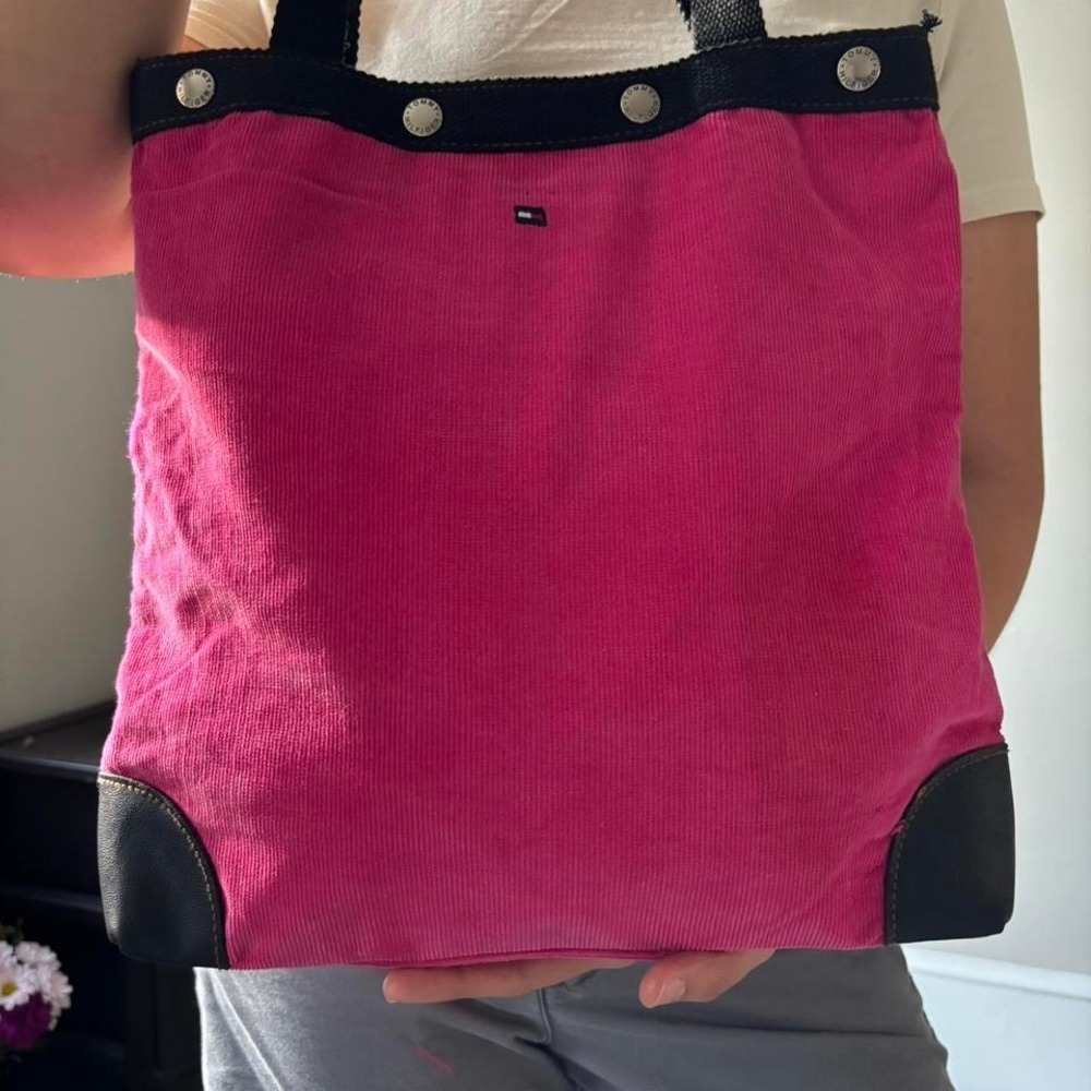 Y2K Retro Pink Navy Blue Faux Leather Tommy Hilfiger Corduroy‎ Tote bag - Medium - Picture 6 of 7